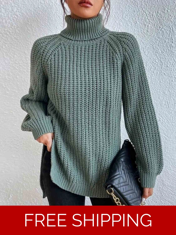 Full Size Turtleneck Rib-Knit Slit Sweater